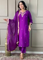 Viscose Chanderi Purple Traditional Wear Embroidery Work Readymade Straight Suit